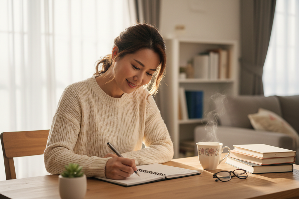 Asian mom writing in planner