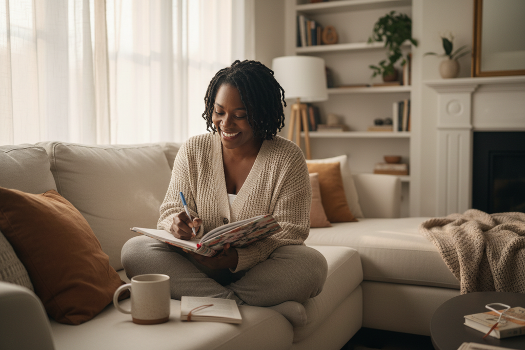Black mom on couch with planner