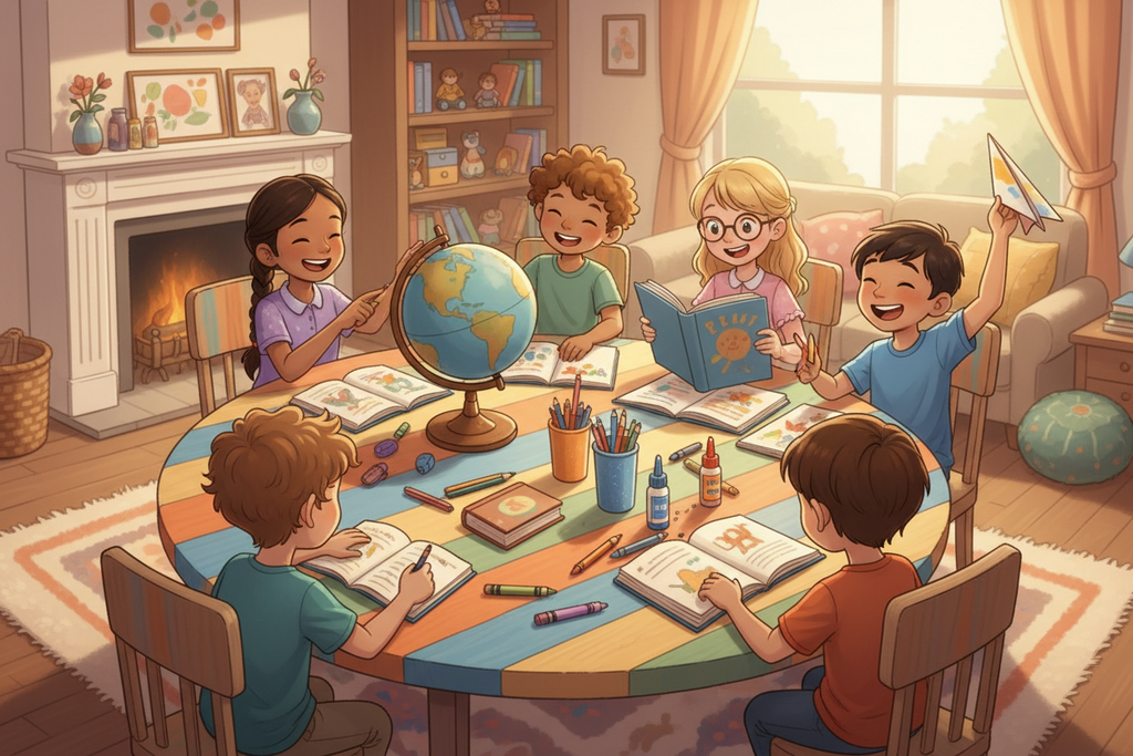 Diverse group of children homeschooling