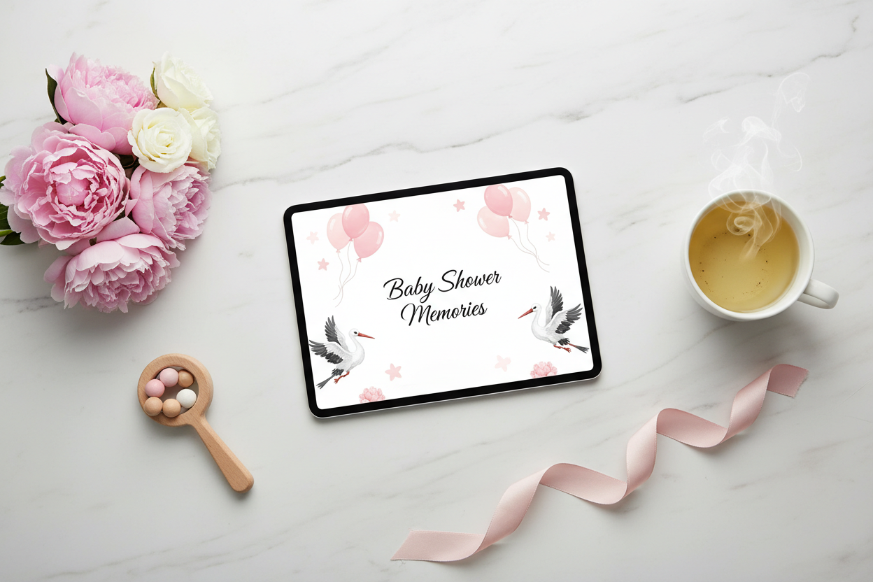 Digital baby shower notebook displayed on a tablet, flat lay on white marble with pink flowers and baby props