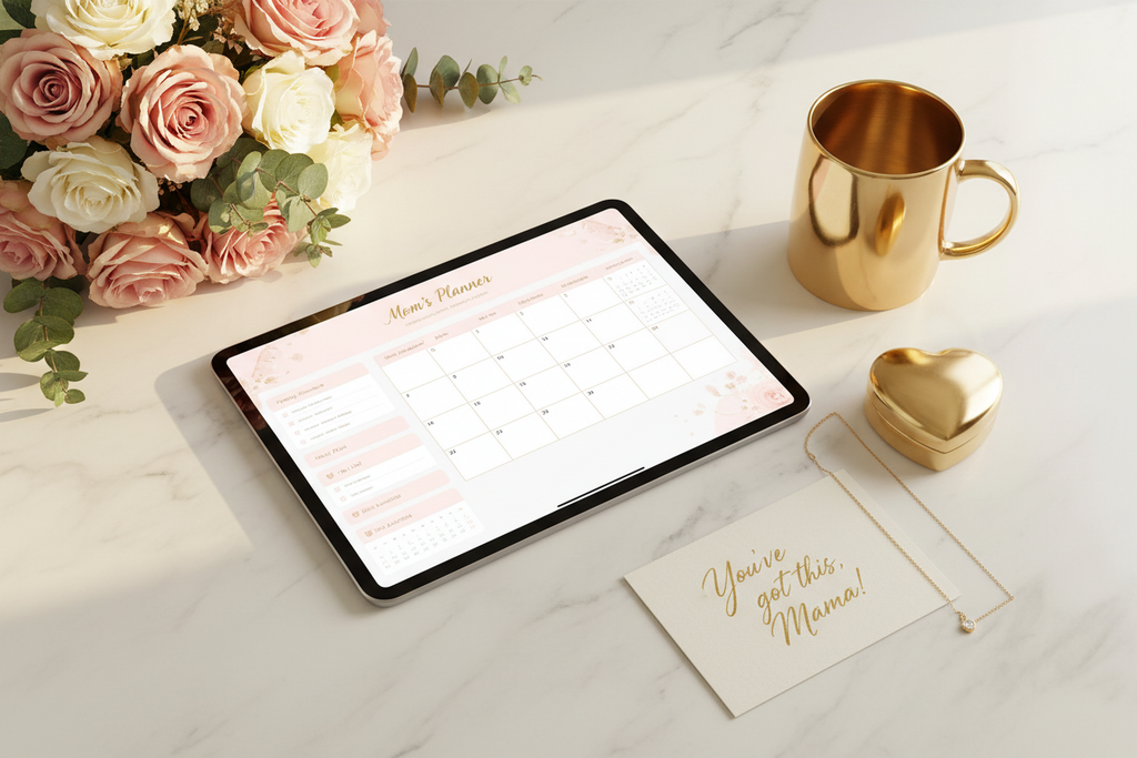Digital mom's planner on a tablet, flat lay on white marble with pink roses, gold coffee mug, heart trinket and handwritten note card