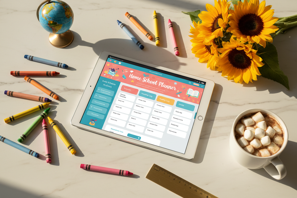 Digital home school planner on a tablet, flat lay on white marble with colorful crayons, globe, sunflowers, gold ruler and hot cocoa