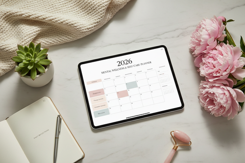Digital 2026 mental health and self care planner on a tablet, flat lay on white marble with pink peonies, face roller, succulent and cozy knit fabric