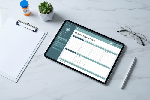 Digital 2026 medical planner on a tablet, flat lay on white marble with clipboard, reading glasses, succulent and silver pen