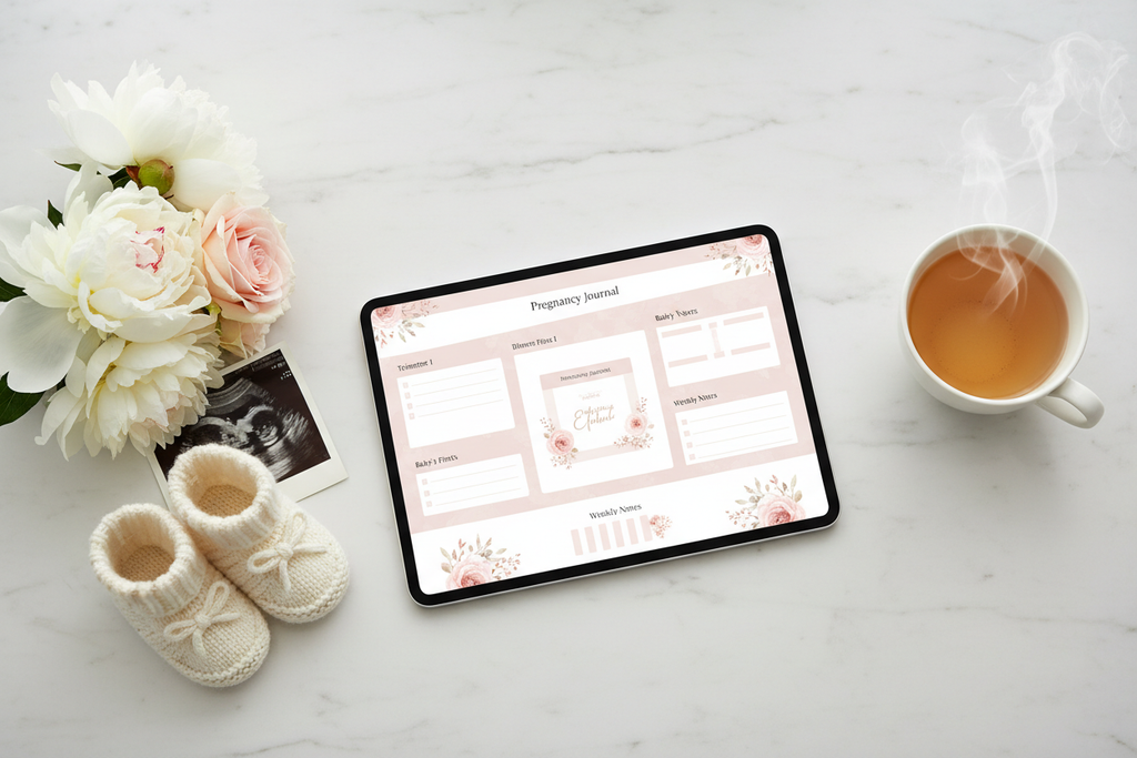 Digital pregnancy journal planner on a tablet, flat lay on white marble with baby shoes, soft pink flowers and herbal tea