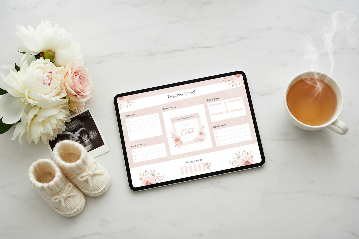 Digital pregnancy journal planner on a tablet, flat lay on white marble with baby shoes, soft pink flowers and herbal tea