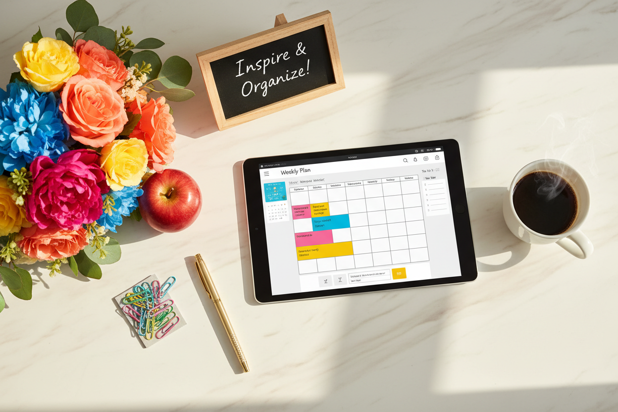 Digital teacher planner on a tablet, flat lay on white marble with colorful flowers, red apple, gold pen, paper clips and coffee