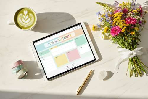 Digital 2026 ADHD planner on a tablet, flat lay on white marble with colorful wildflowers, gold pen, crystals, washi tape and matcha latte
