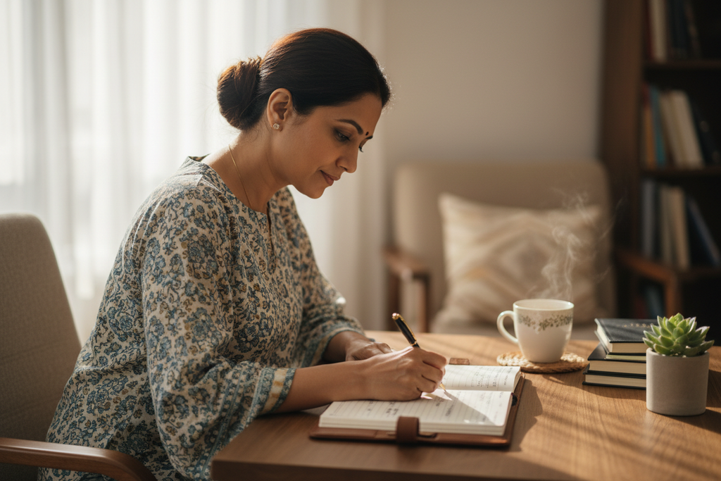 Indian mom writing in planner