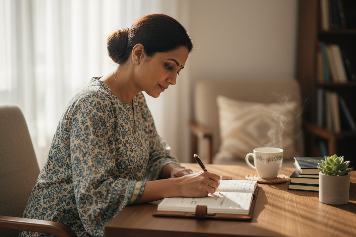 Indian mom writing in planner