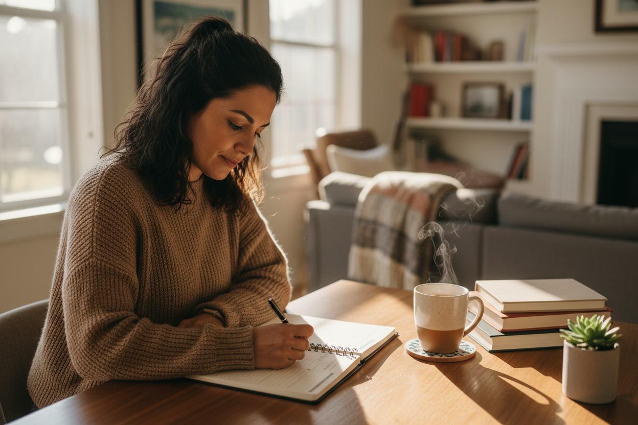 Latina mom writing in planner