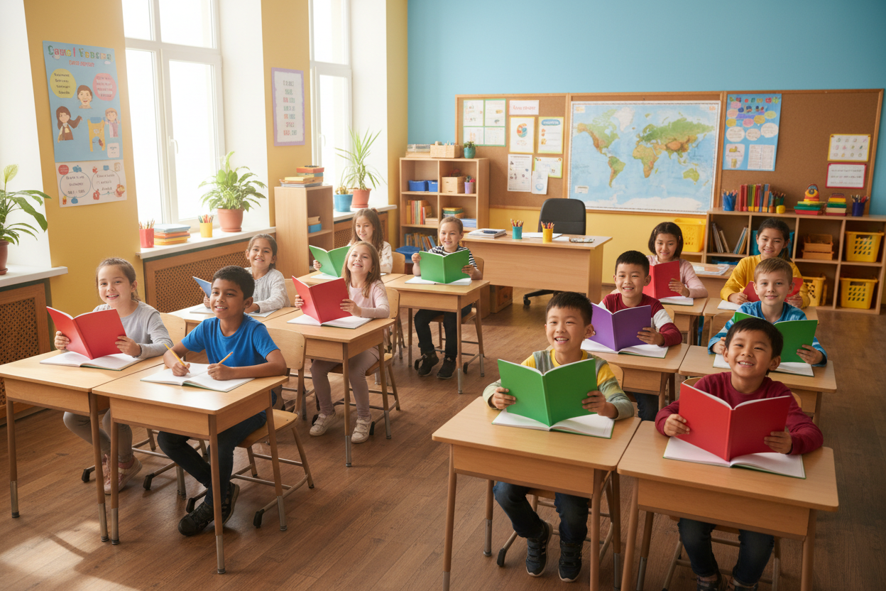 Mixed Kids in Classroom with Journals