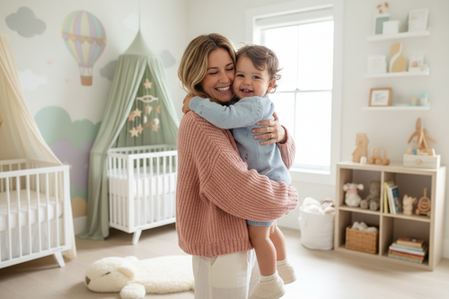 Mom hugging toddler