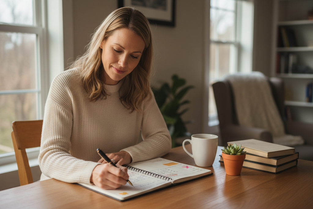White mom writing in planner
